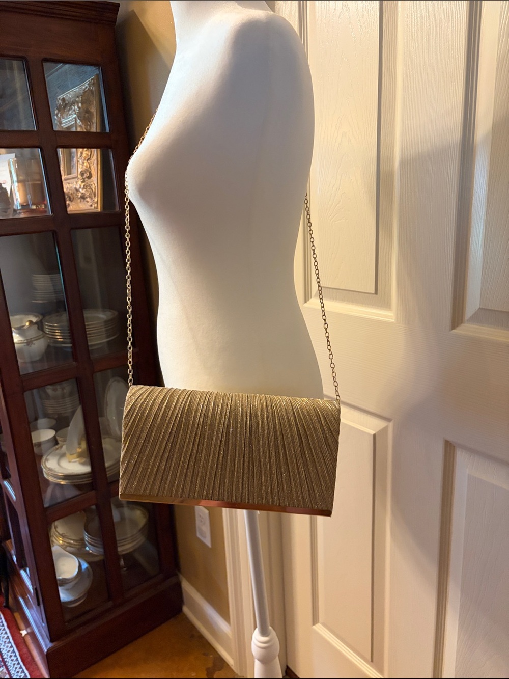 Gold Pleated Evening Clutch with Chain Strap